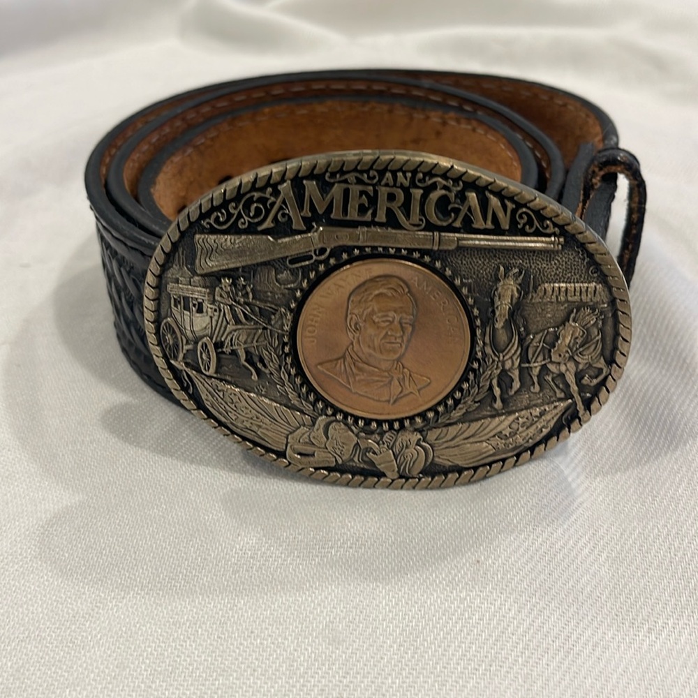 B1263 Vintage Thick Wide Hand Tooled Black Leather Western Blt John Wayne buckle